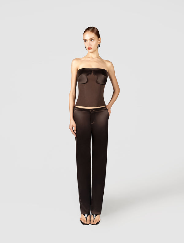 Low waist tailored pants in brown satin