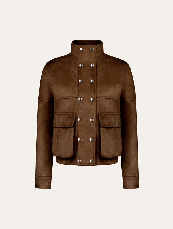 High-neck cargo jacket in brown suede