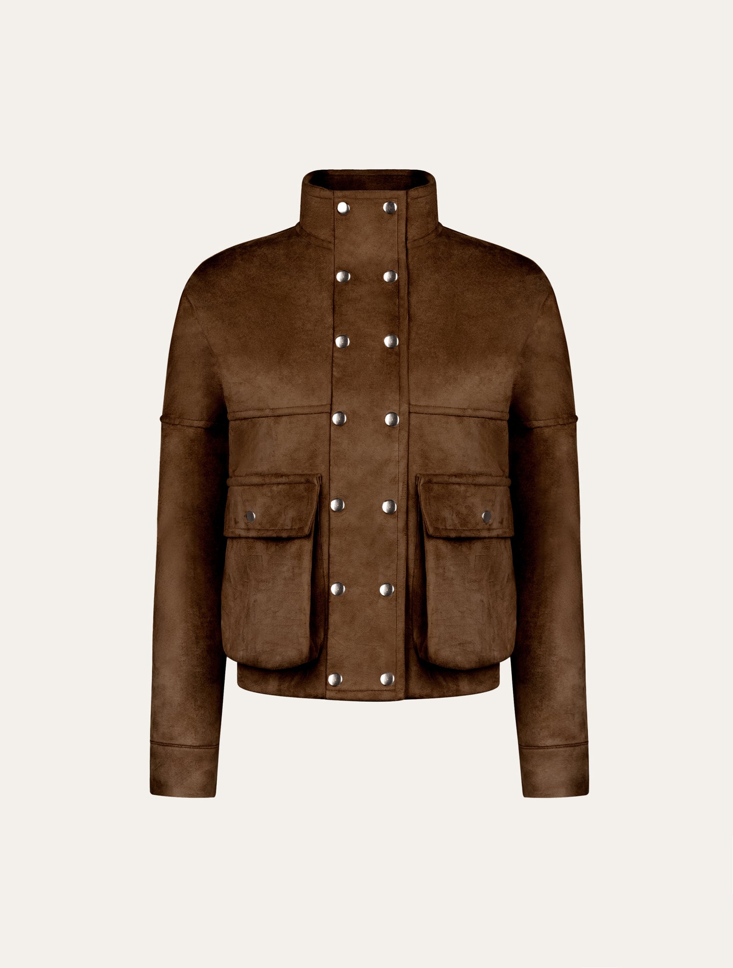 High-neck cargo jacket in brown suede