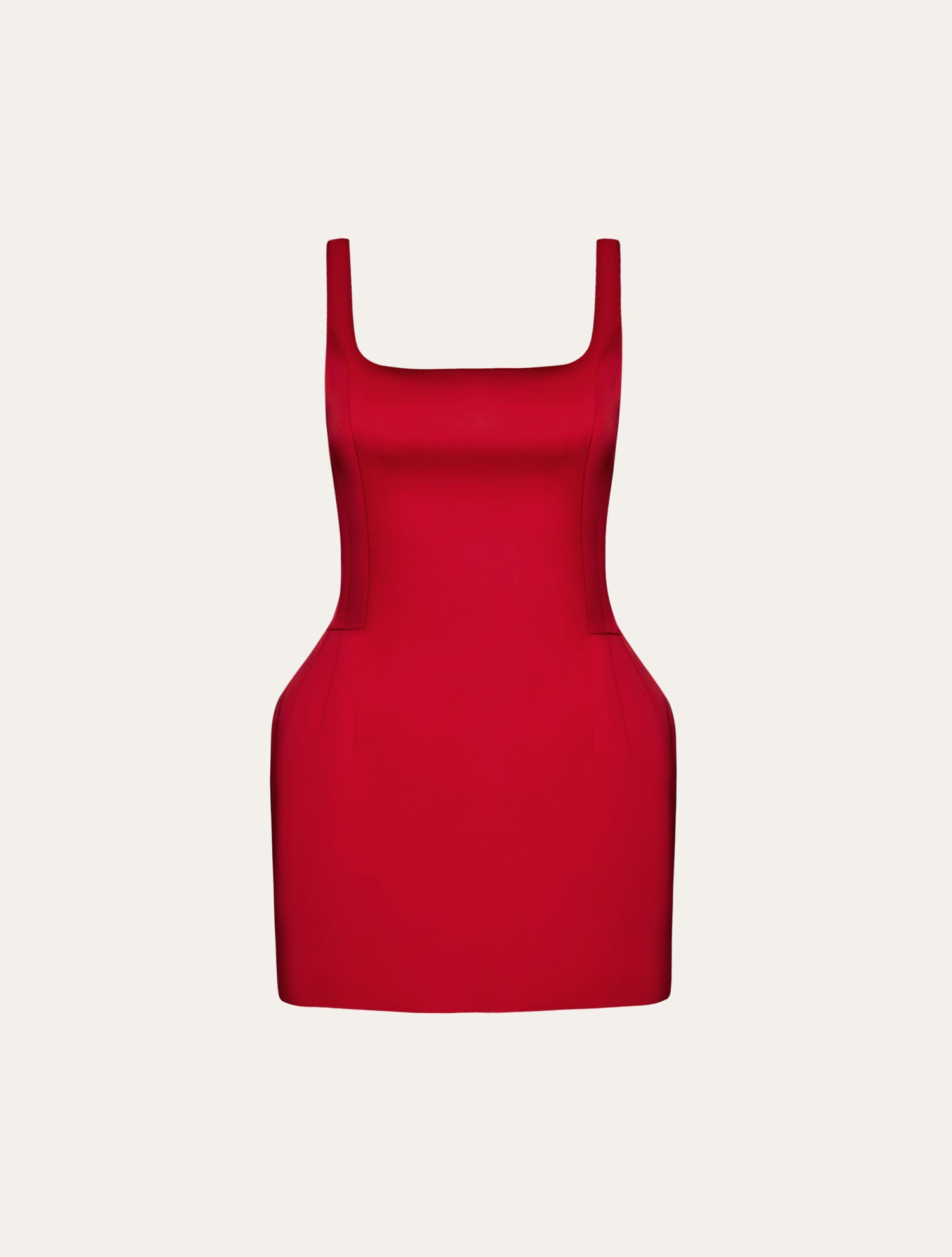 Roundneck hourglass mini dress in red satin