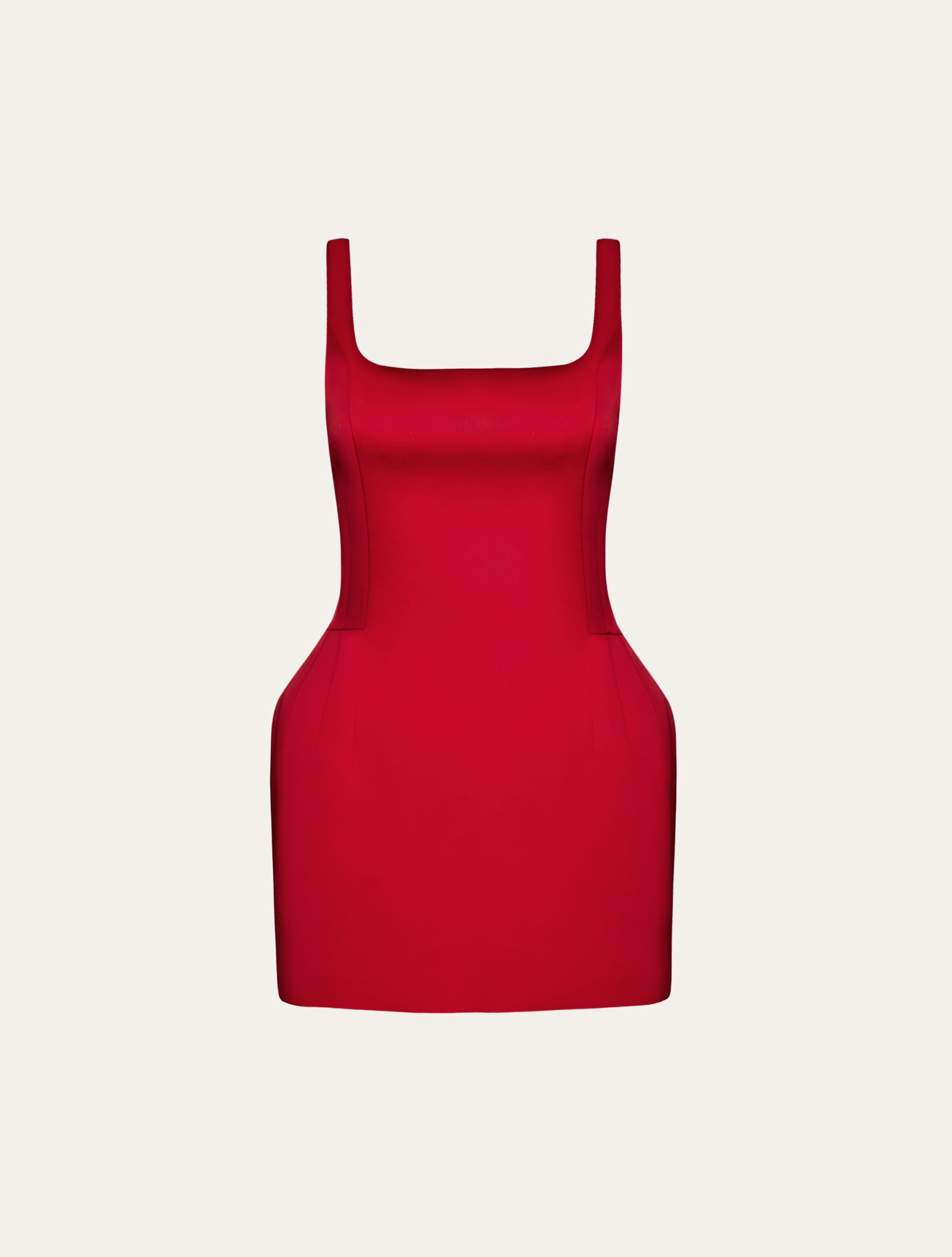 Roundneck hourglass mini dress in red satin