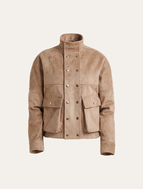 High-neck cargo jacket in beige suede