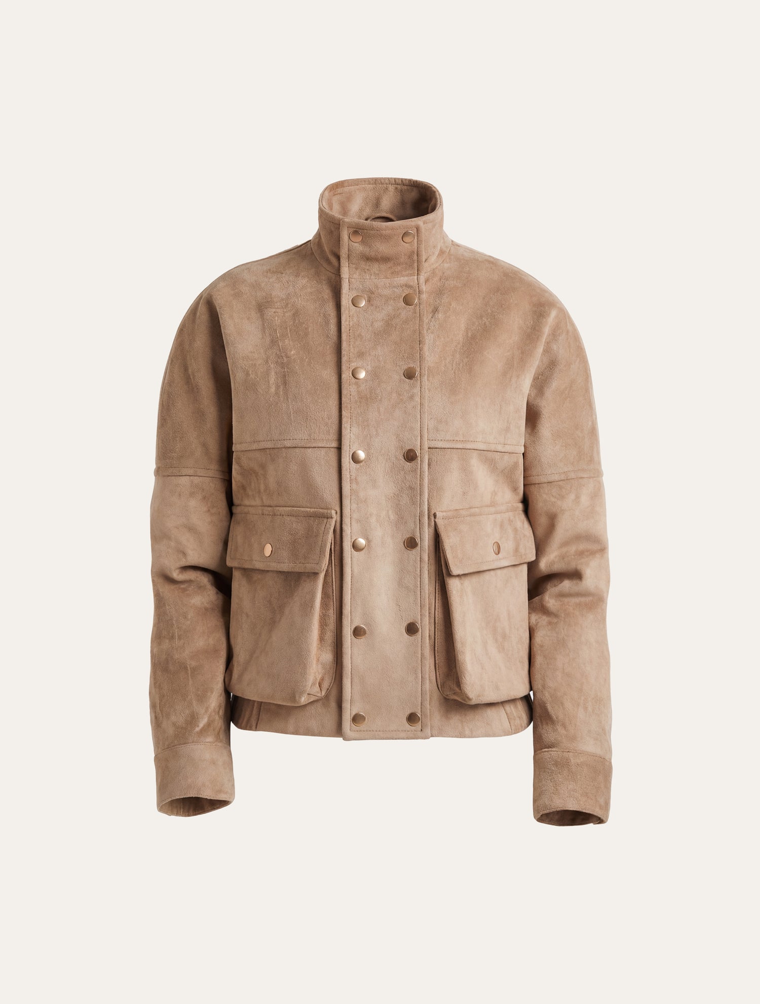 High-neck cargo jacket in beige suede