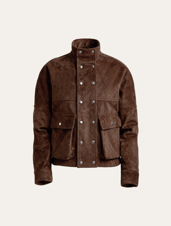 High-neck cargo jacket in brown suede