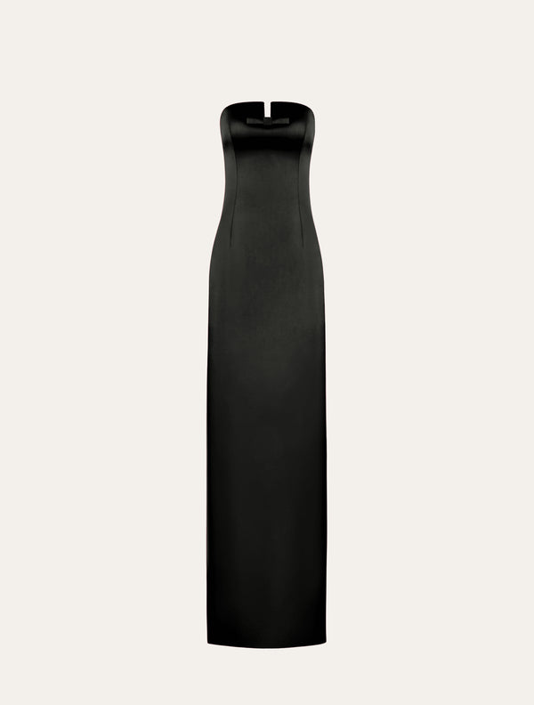 Strapless maxi dress with bow in black satin