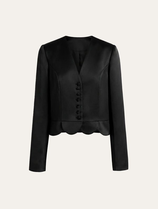 V-neck button front silk jacket in black