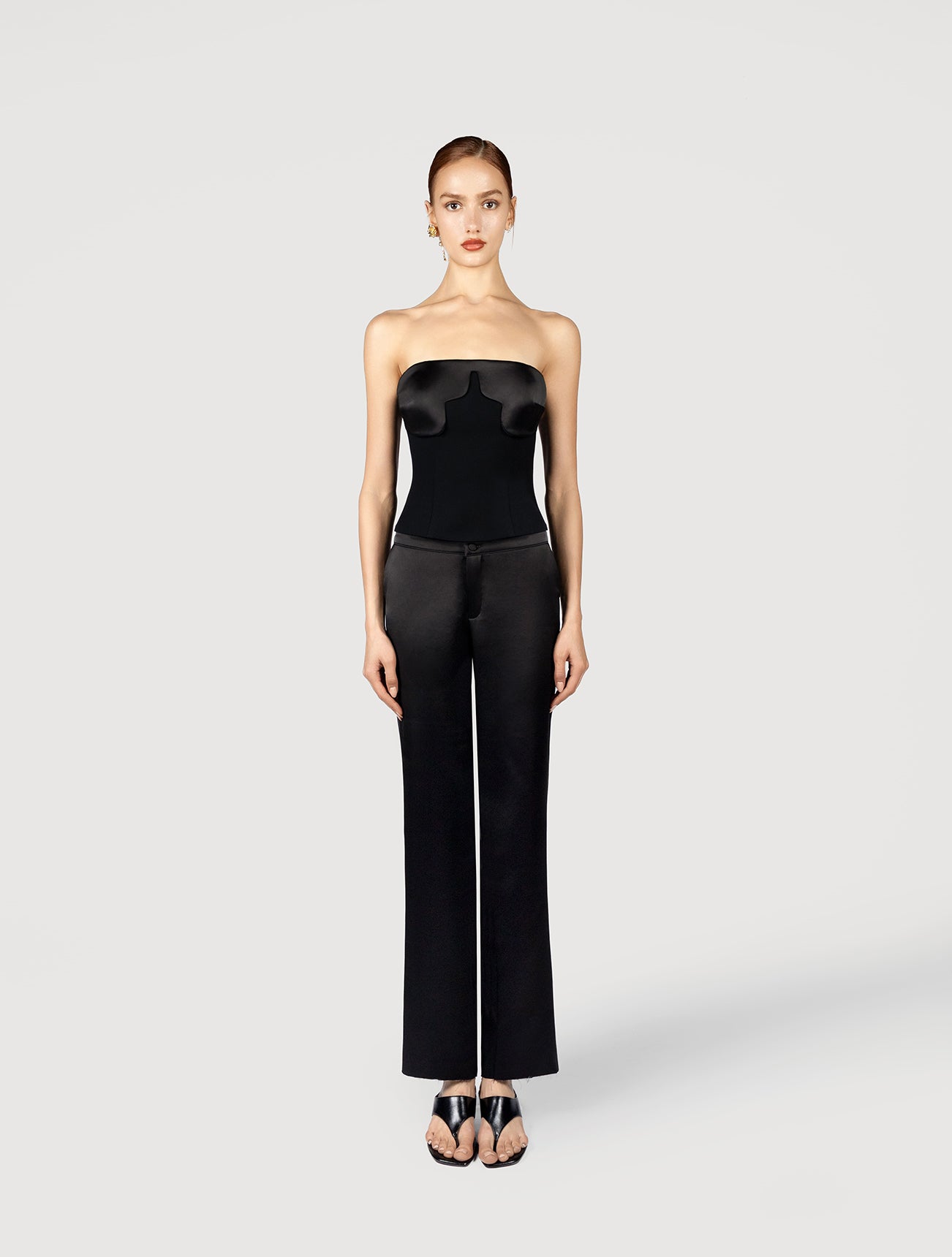 Low waist tailored pants in black satin