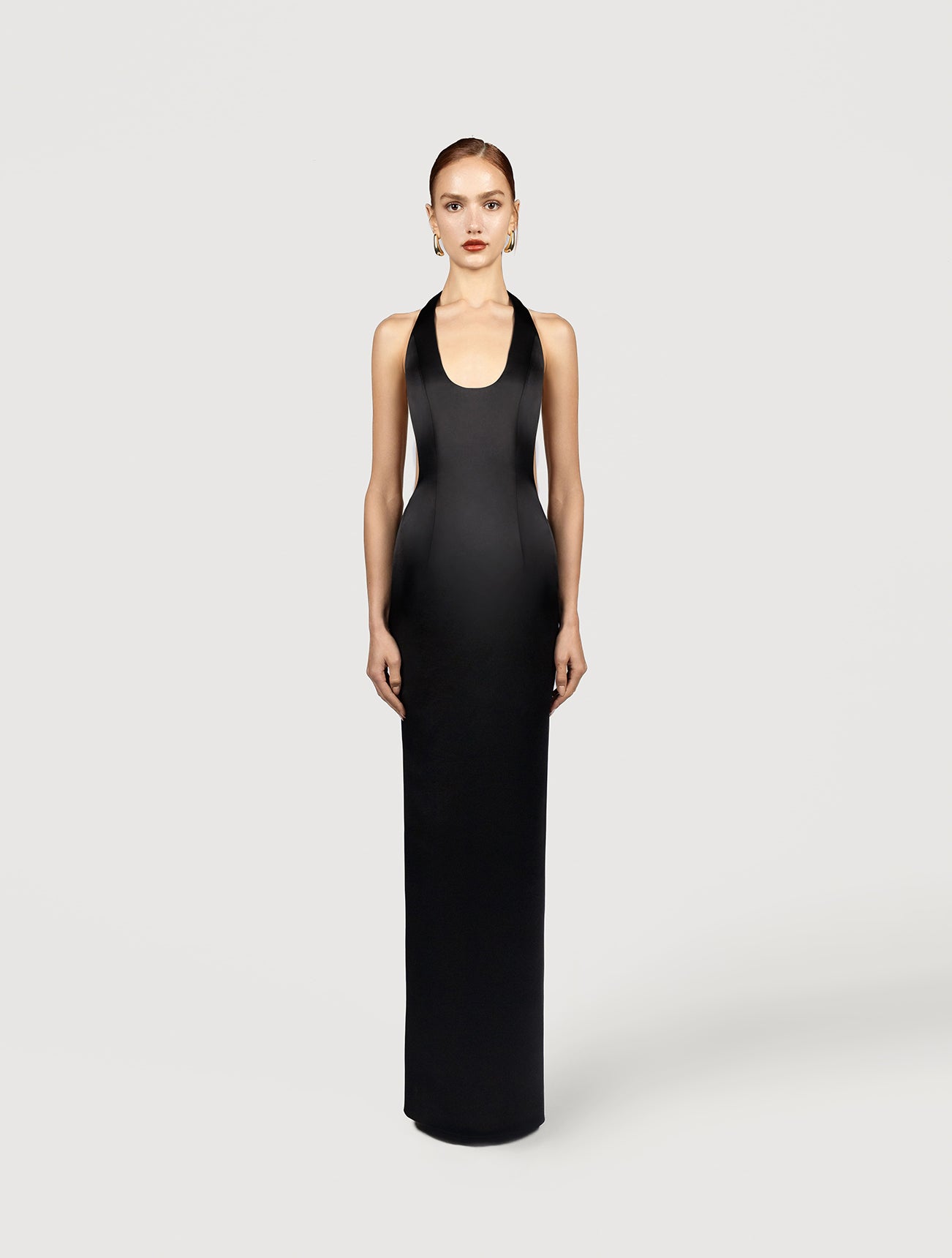 Halter neck maxi dress in black satin