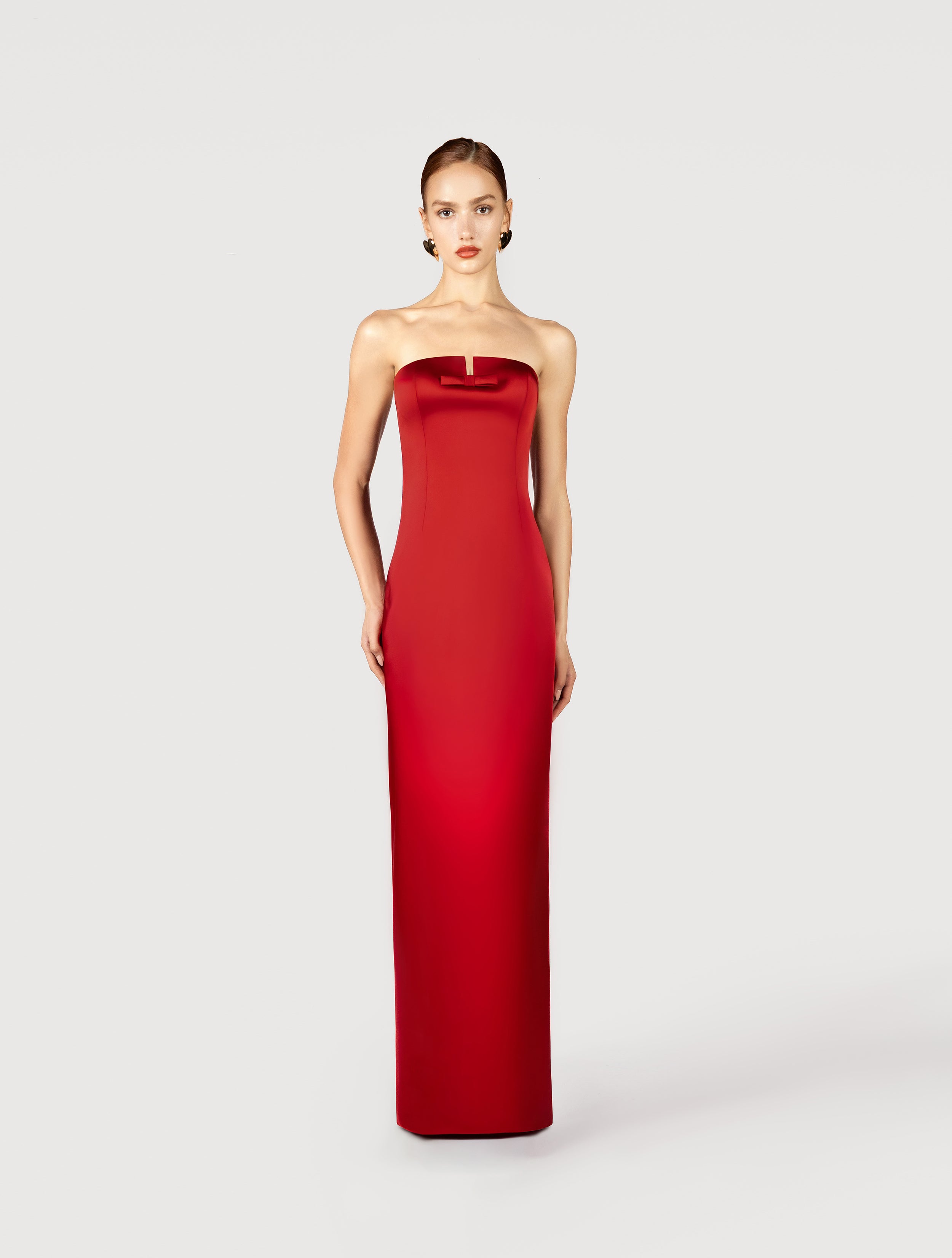 Strapless maxi dress with bow in red satin