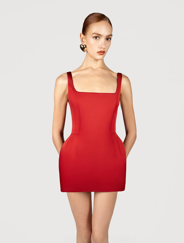 Roundneck hourglass mini dress in red satin