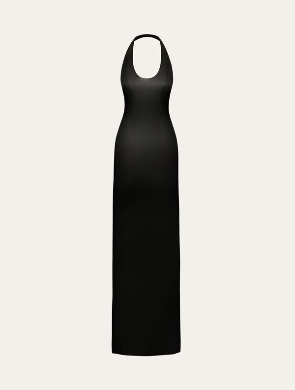 Halter neck maxi dress in black satin