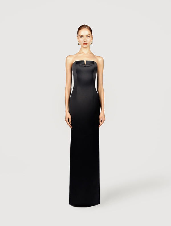 Strapless maxi dress with bow in black satin
