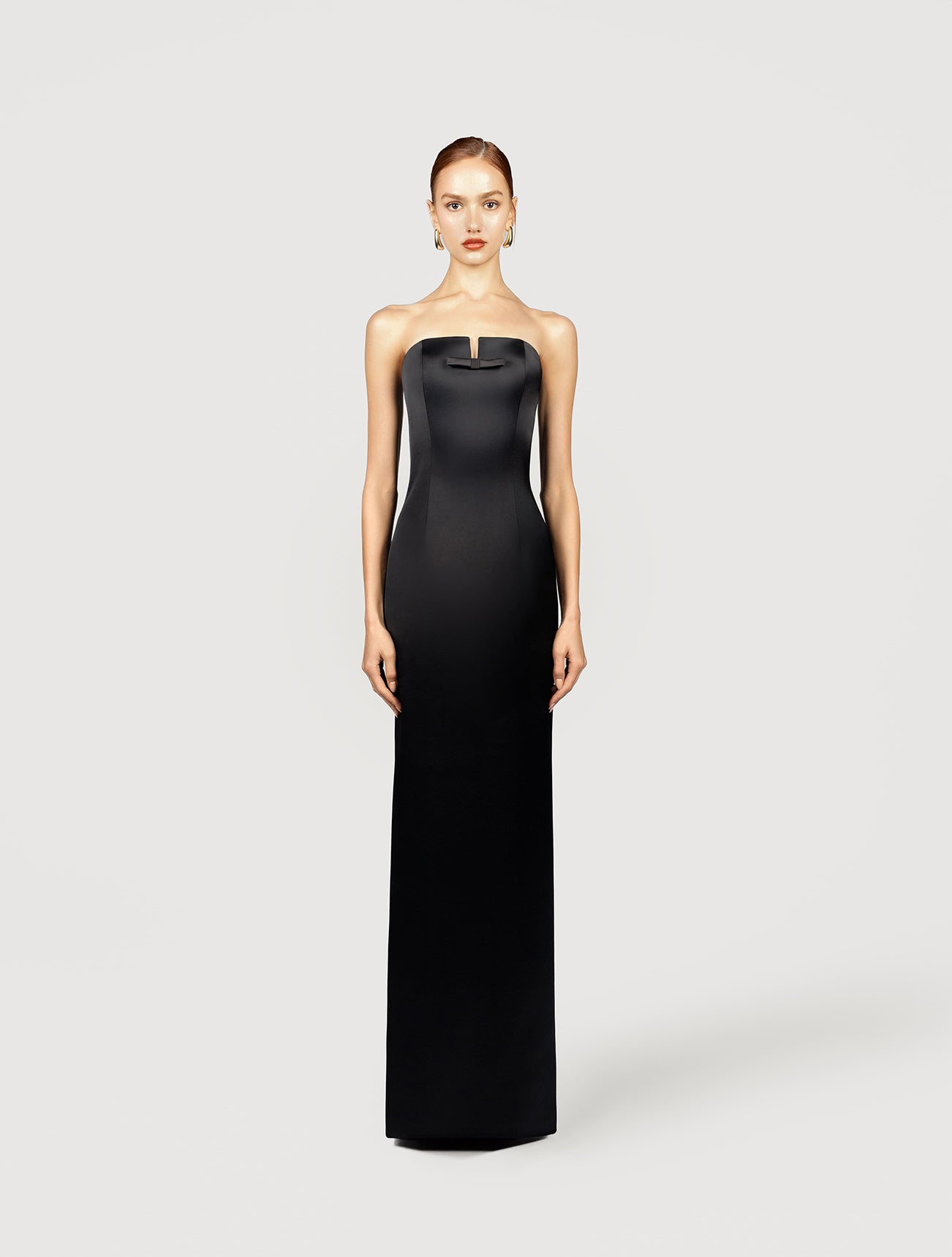 Strapless maxi dress with bow in black satin