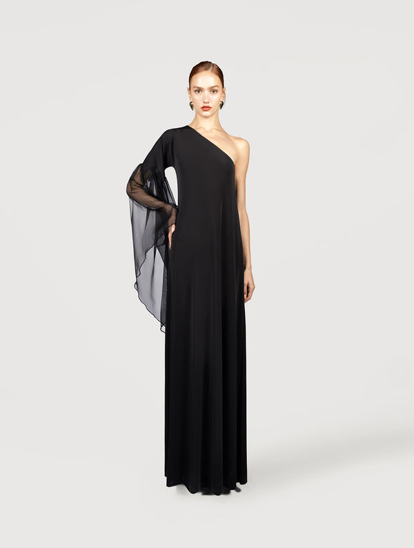 One shoulder scalloped maxi dress in black