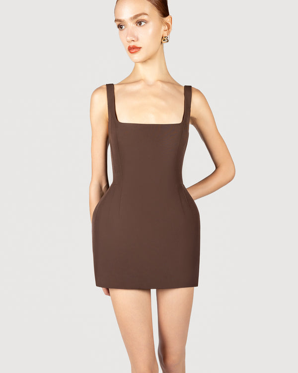 Roundneck hourglass mini dress in brown