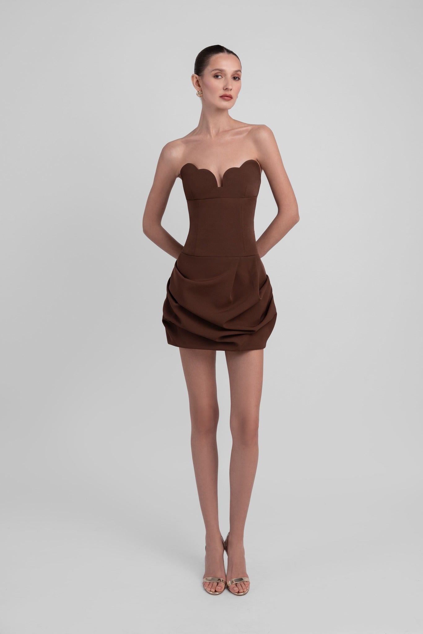 Draped Strapless Mini Dress in Brown