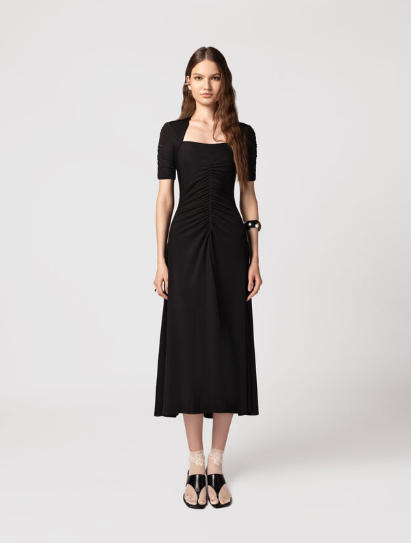 Drop waist rushed midi dress in black