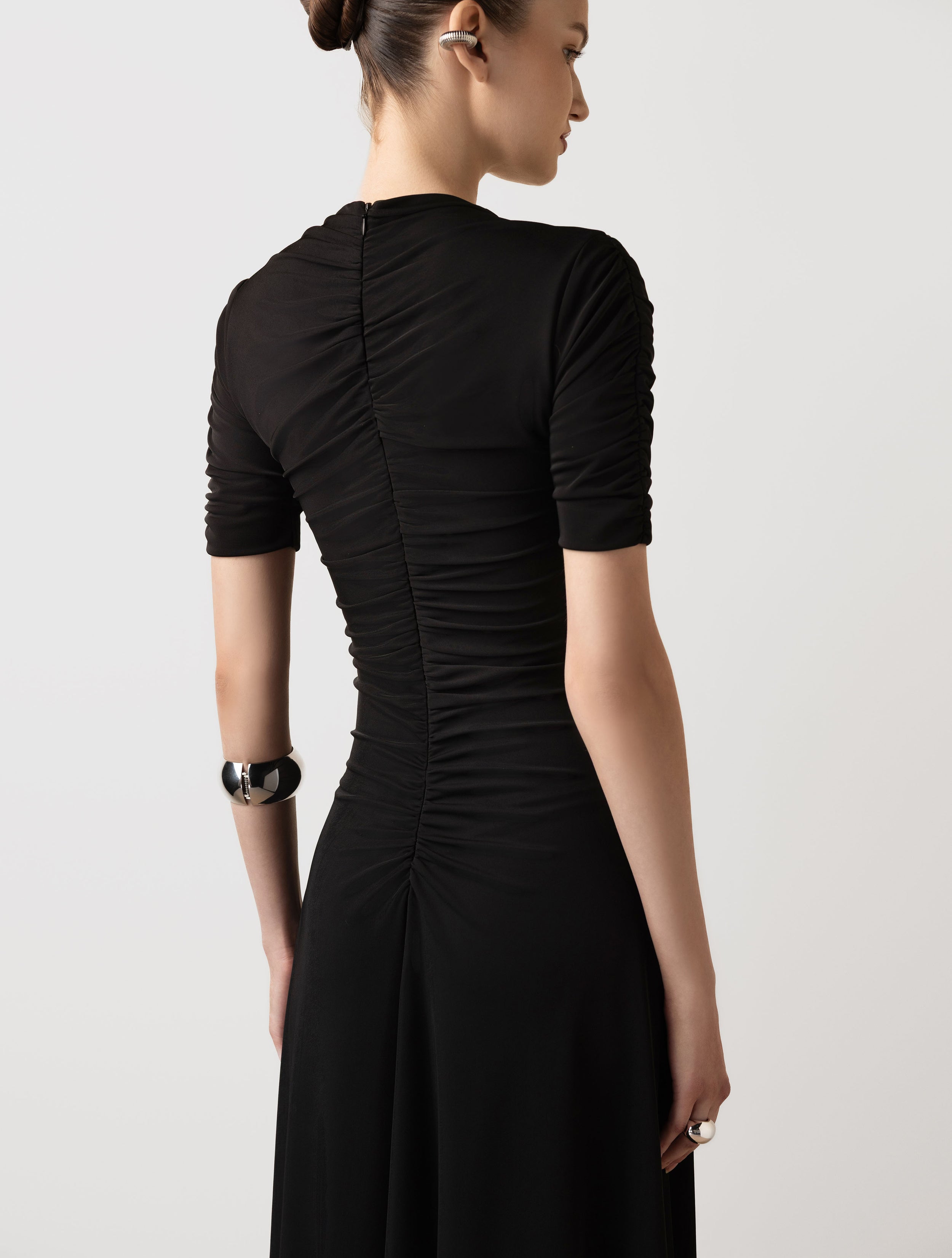 Drop waist rushed midi dress in black