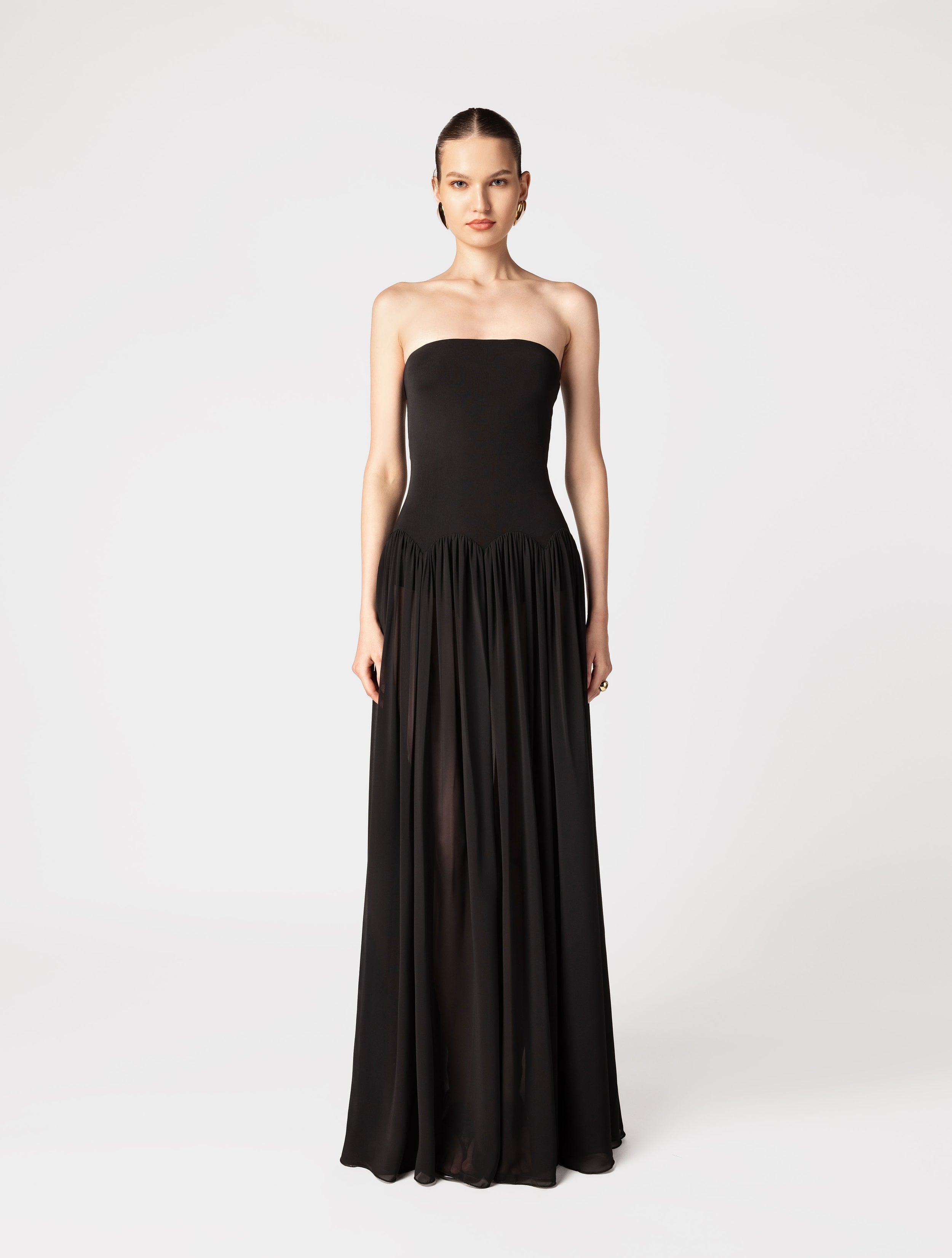 Scalloped waist maxi dress in black