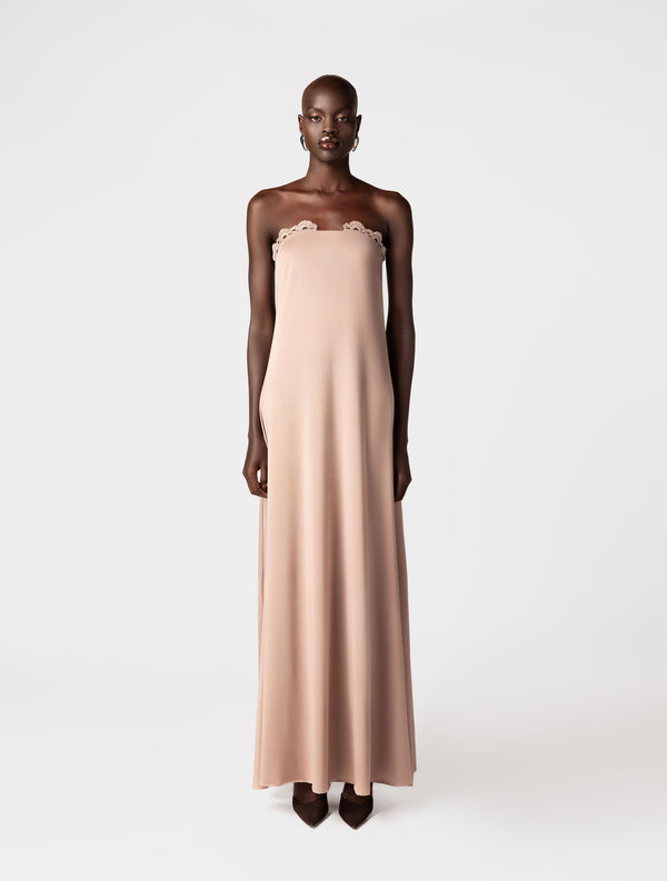 Strapless jersey maxi dress with crochet in dusty pink