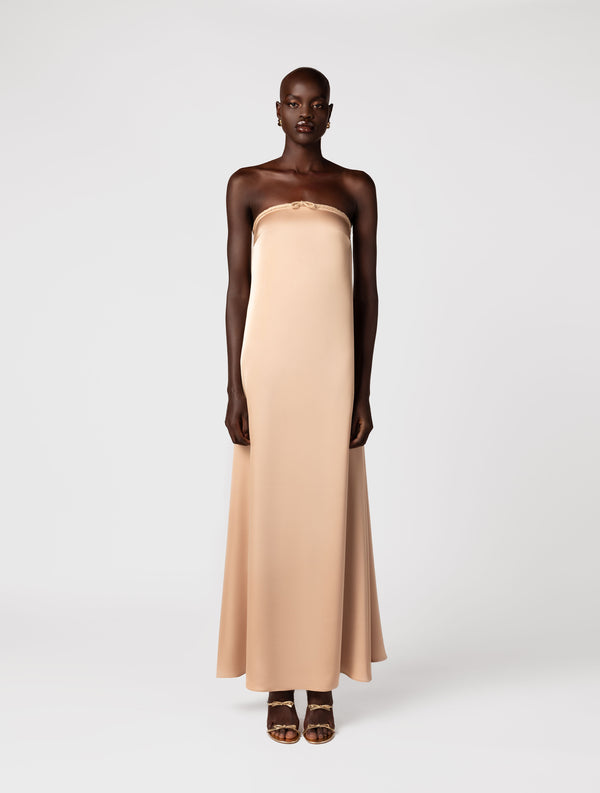 Strapless silk maxi dress with bow in gold