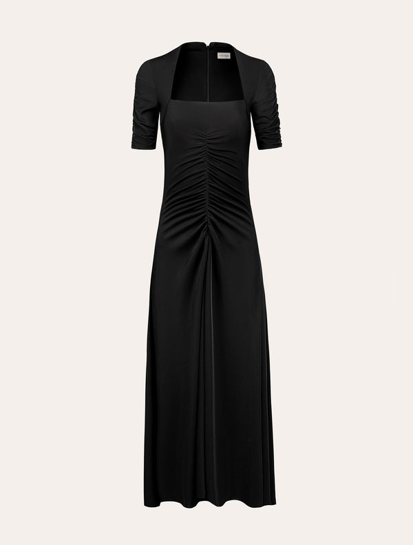 Drop waist rushed midi dress in black