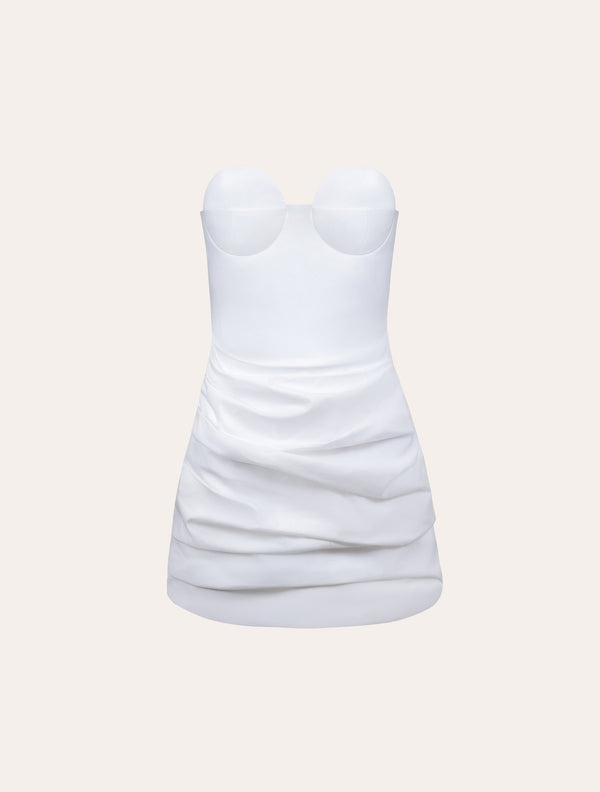Draped poplin bustier mini dress in white