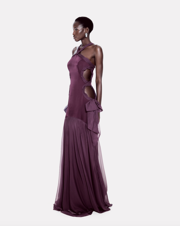 Halter neck maxi dress with draped cutout in purple