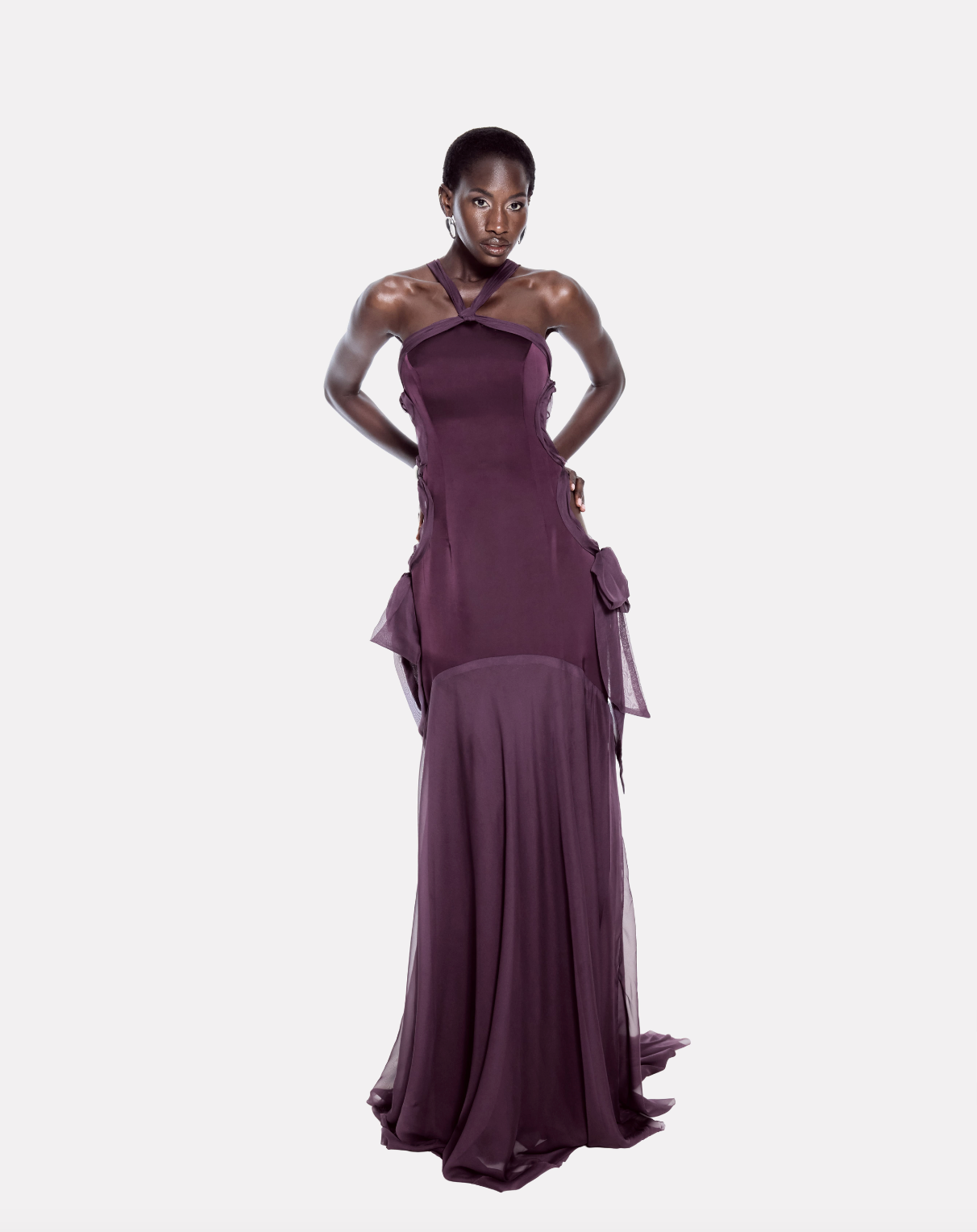 Halter neck maxi dress with draped cutout in purple