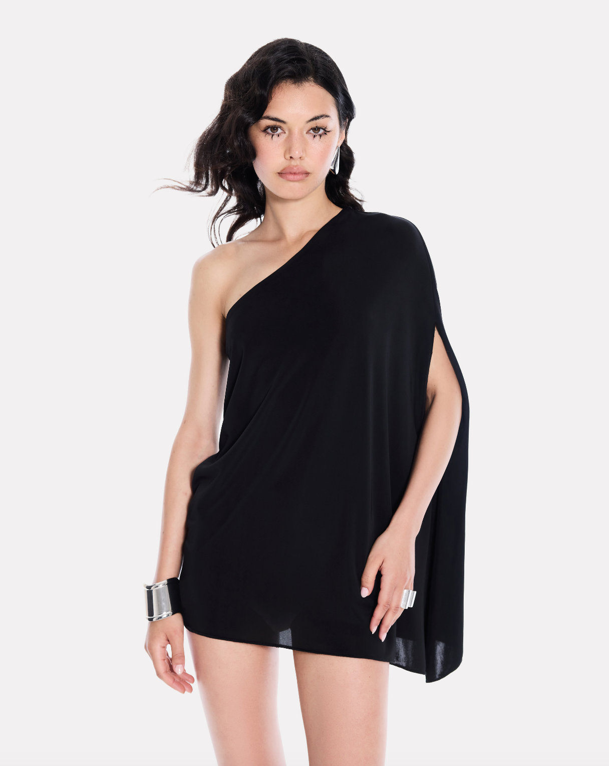 One shoulder jersey mini dress in black