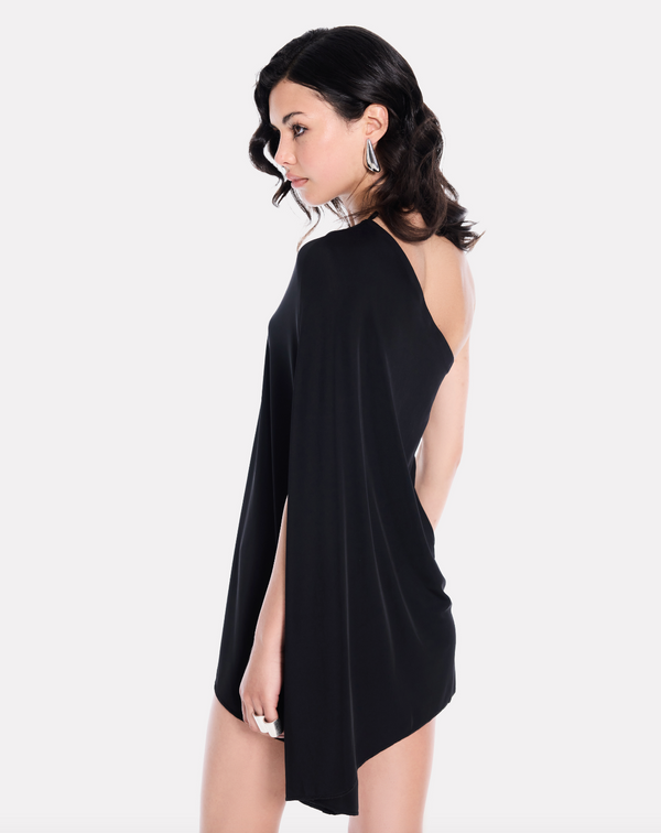 One shoulder jersey mini dress in black
