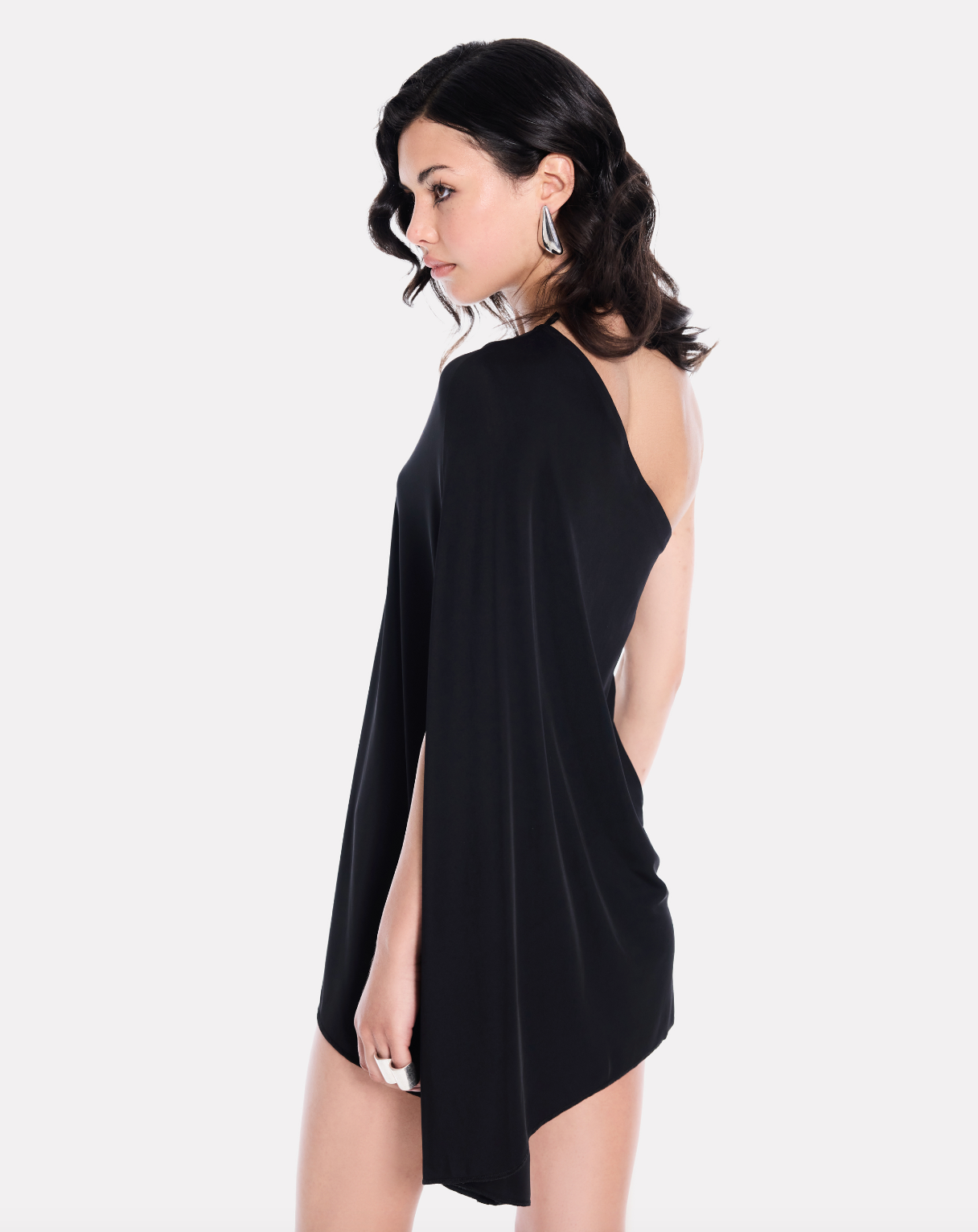 One shoulder jersey mini dress in black