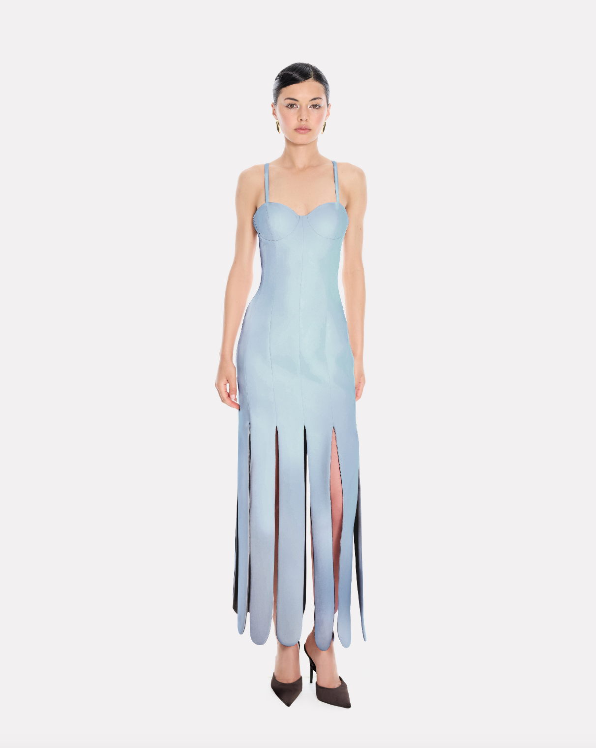 Scalloped fringes bustier maxi dress in baby blue