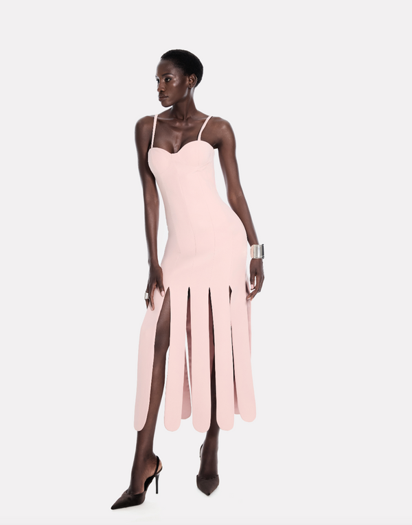 Scalloped fringes bustier maxi dress in baby pink