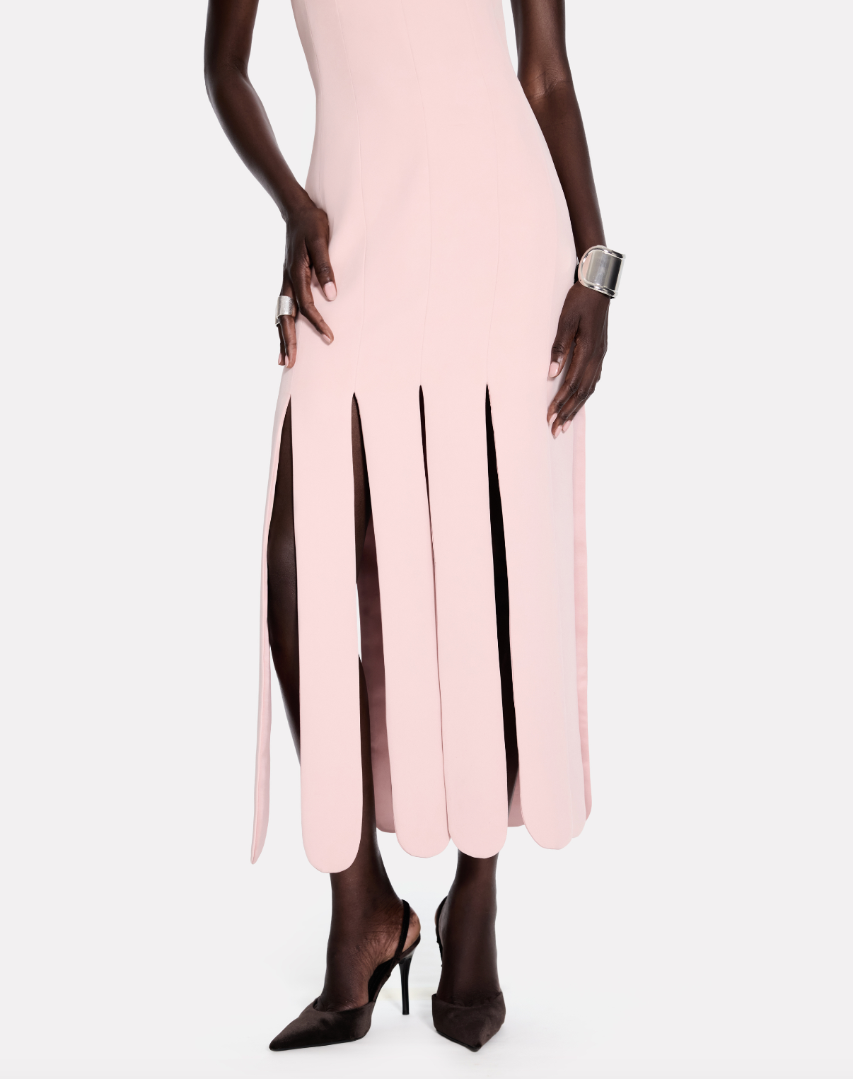 Scalloped fringes bustier maxi dress in baby pink