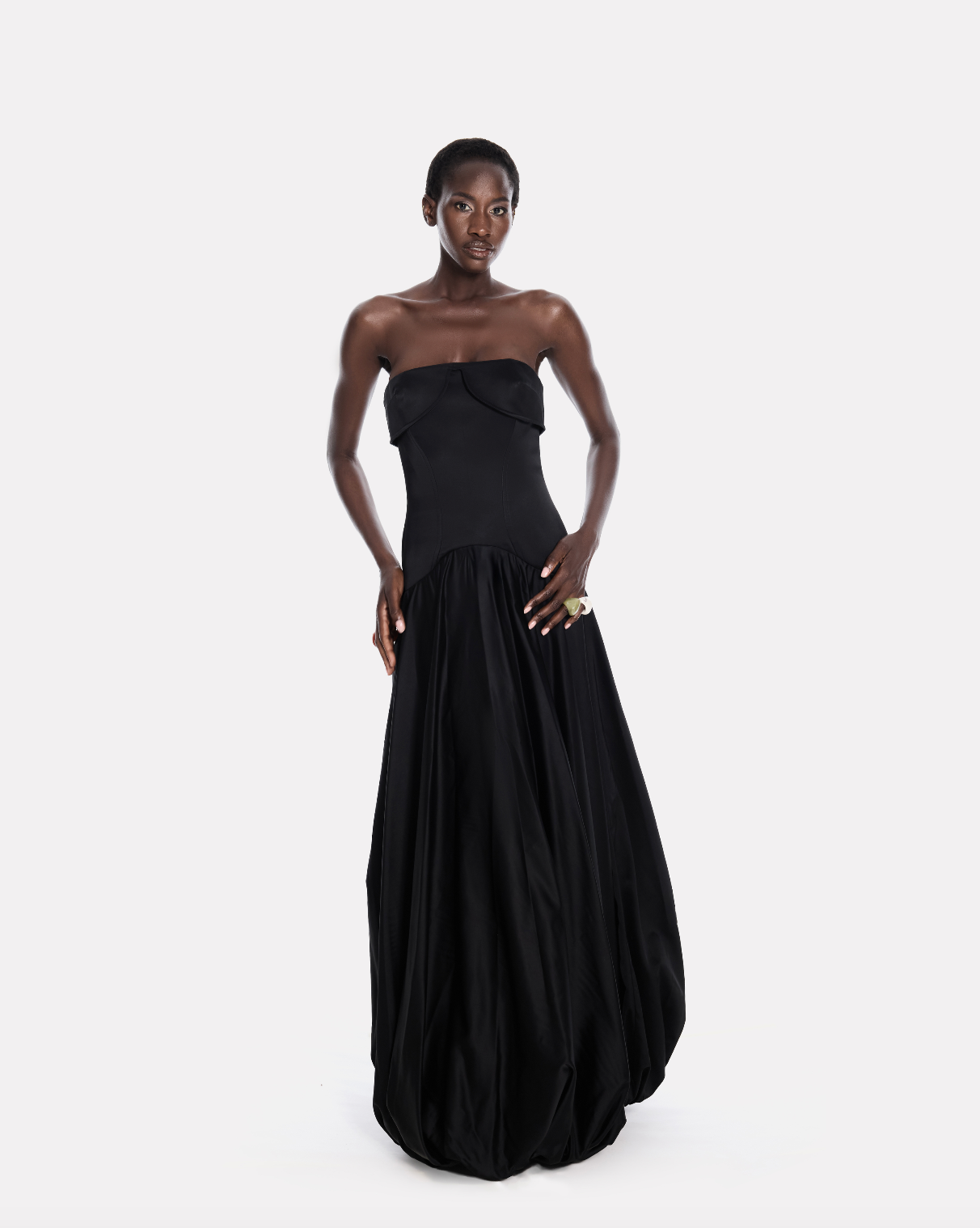 Strapless draped bubble maxi dress in black