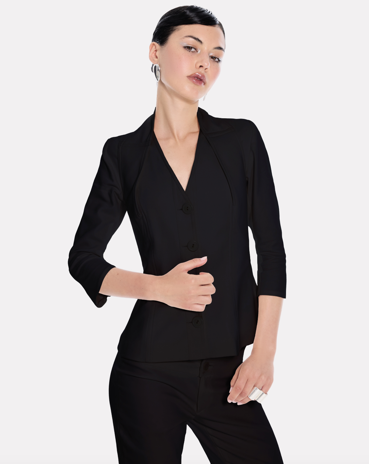 V-neck jacket with shawl collar detailing in black