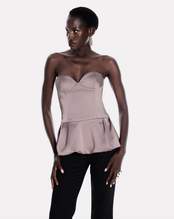 Peplum corset bustier top in greige satin