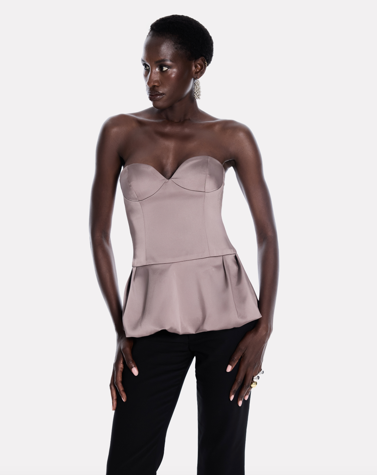 Peplum corset bustier top in greige satin