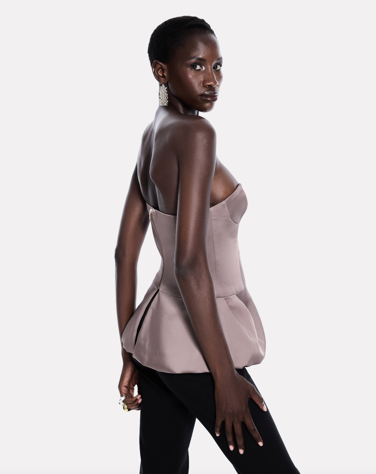 Peplum corset bustier top in greige satin