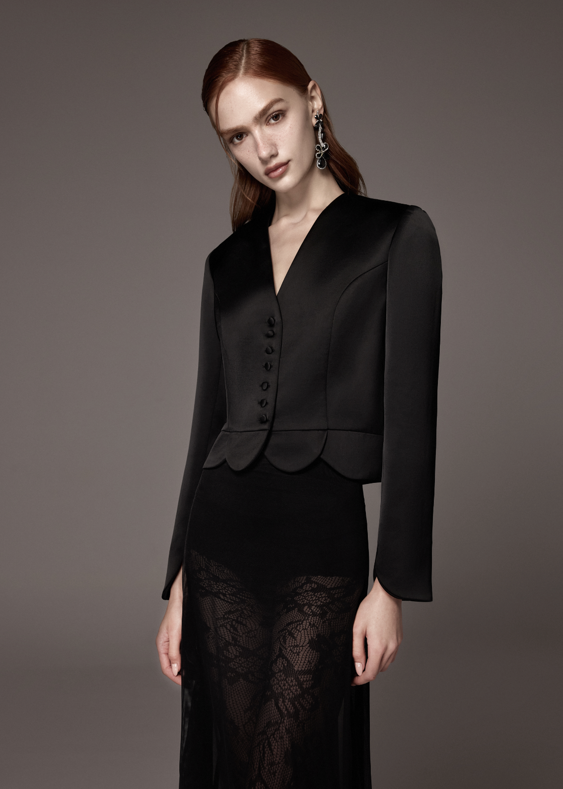 V-neck button front silk jacket in black