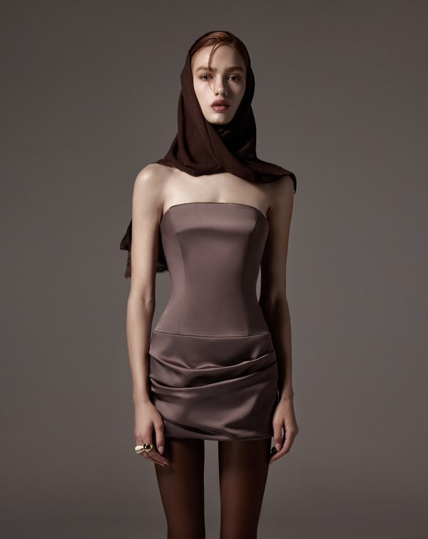 Draped strapless silk mini dress in greige