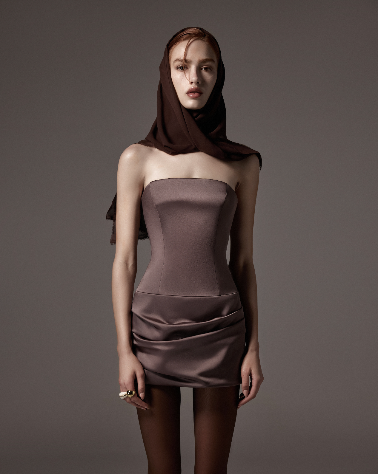 Draped strapless silk mini dress in greige