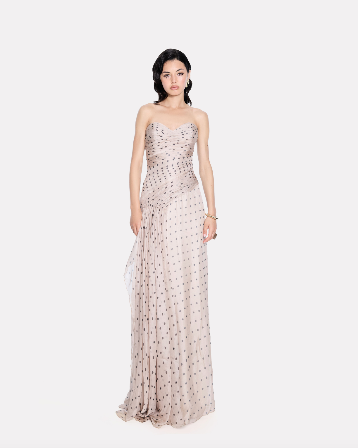 Sweetheart draped bustier maxi dress in beige