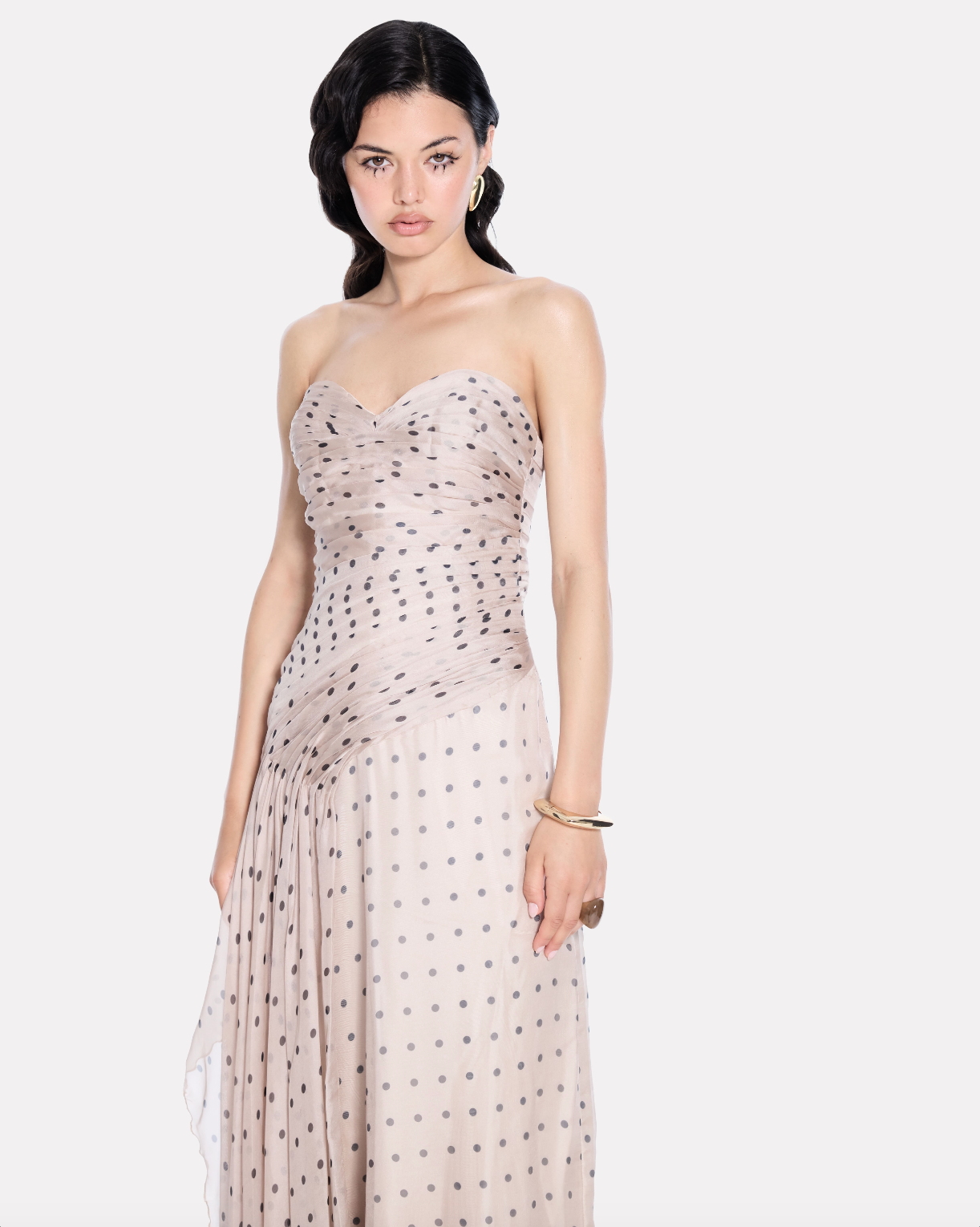 Sweetheart draped bustier maxi dress in beige