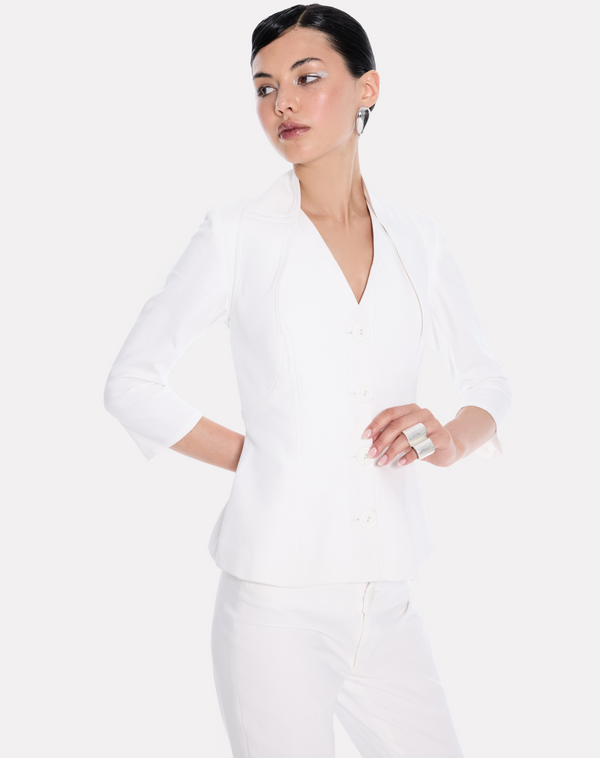 V-neck jacket with shawl collar detailing in white