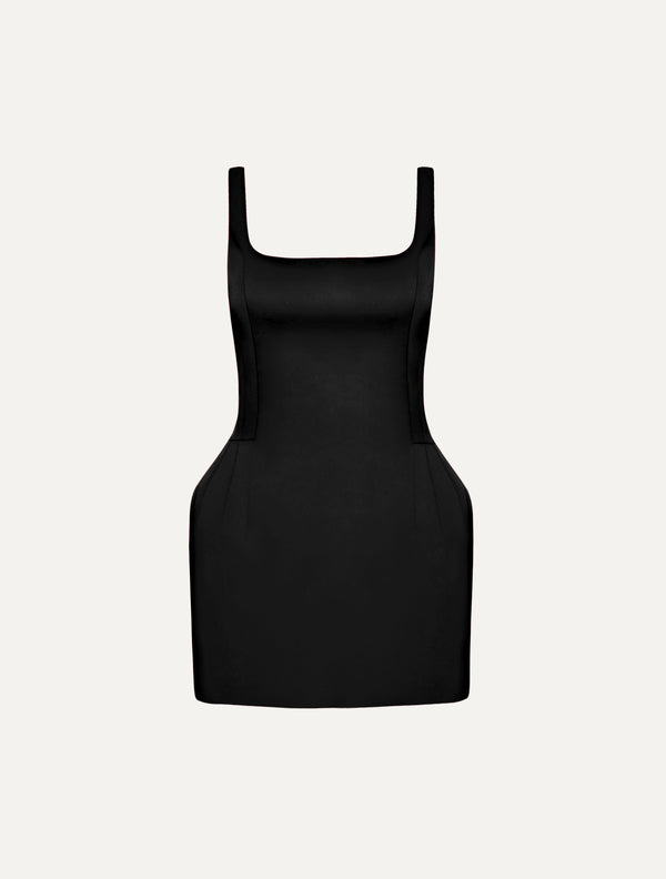 Roundneck hourglass mini dress in black satin