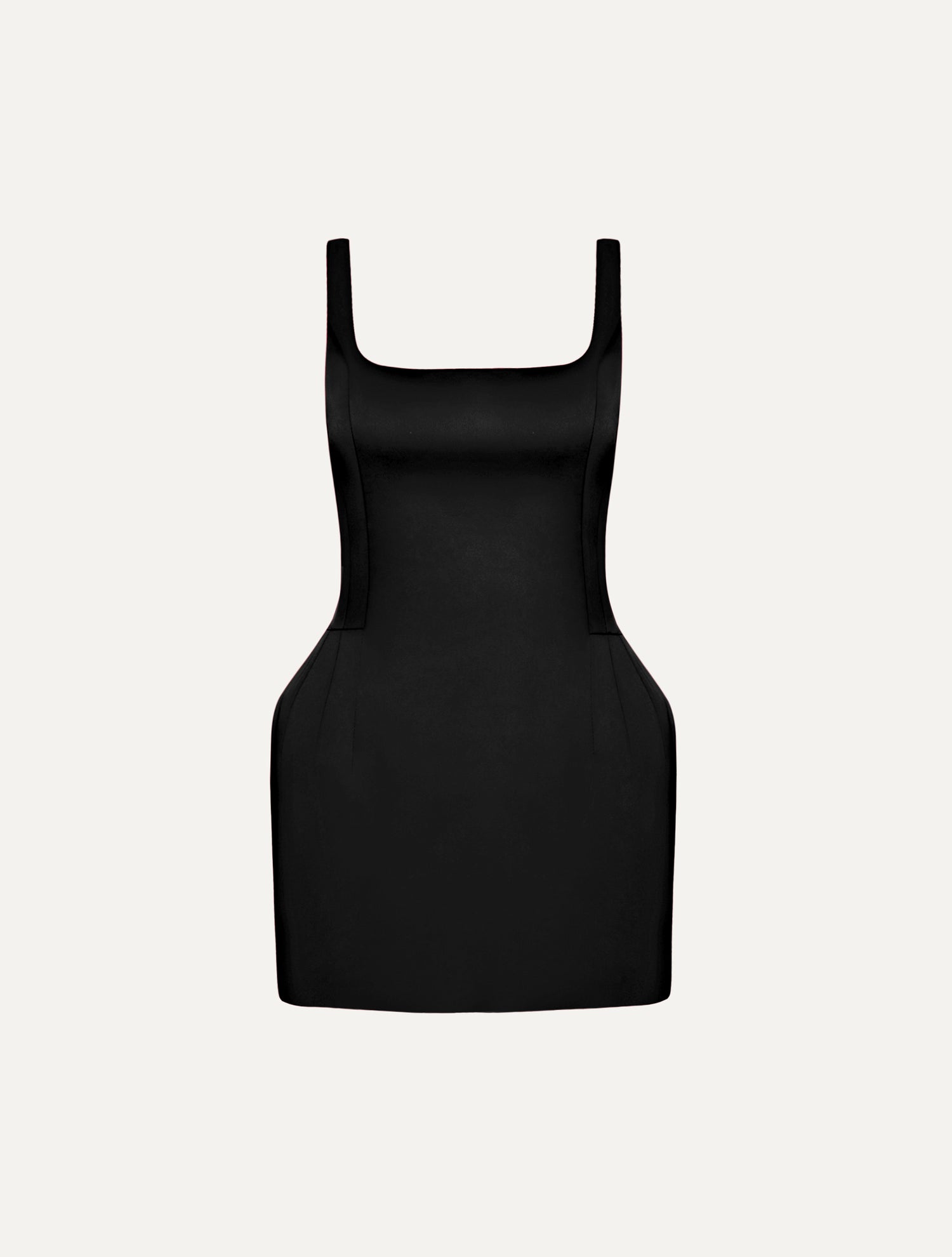 Roundneck hourglass mini dress in black satin