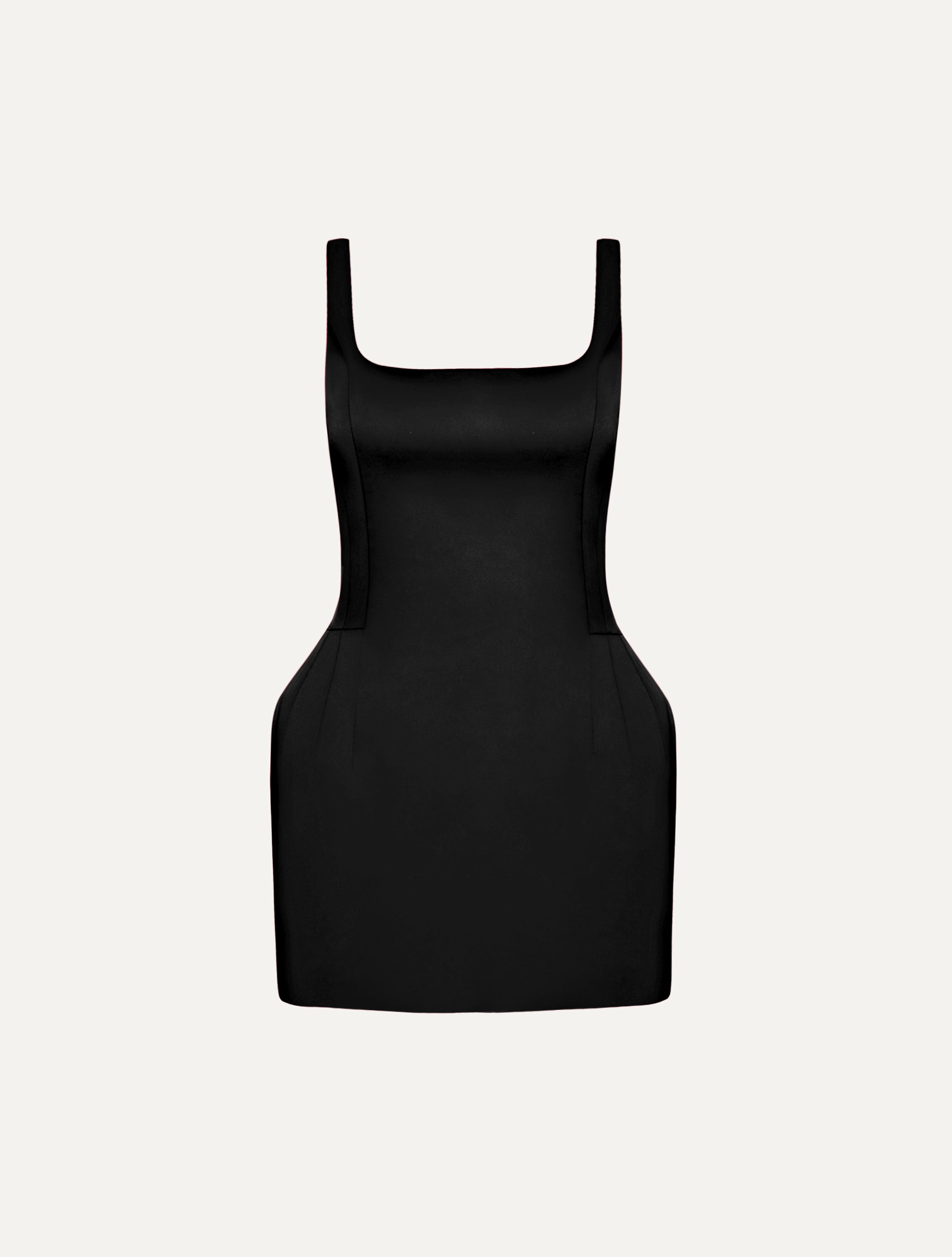 Roundneck hourglass mini dress in black satin