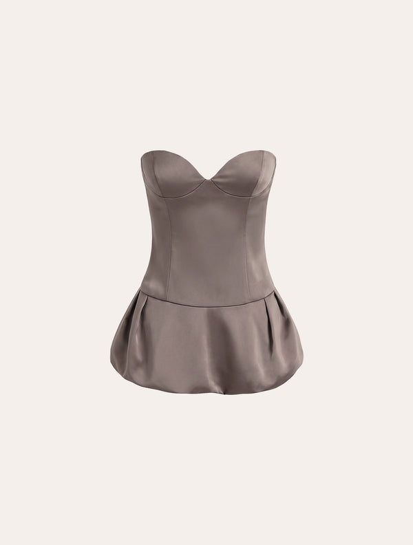 Peplum corset bustier top in greige satin